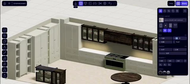 A cabinet run takes shape using repeated and adjustable kitchen objects.