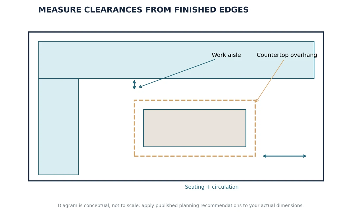 Illustrative island clearance check: measure from finished countertop edges, include seating projection, and allow space for open appliances.