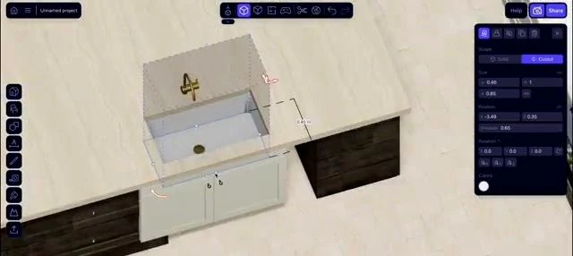 A cutout shape demonstrates how an opening can be modeled in a countertop.