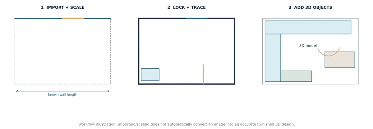 Workflow schematic: measured 2D reference → scaled, locked, traced room → model with kitchen objects. This is an explanatory illustration, not a screenshot of an unverified Arcadium import session.