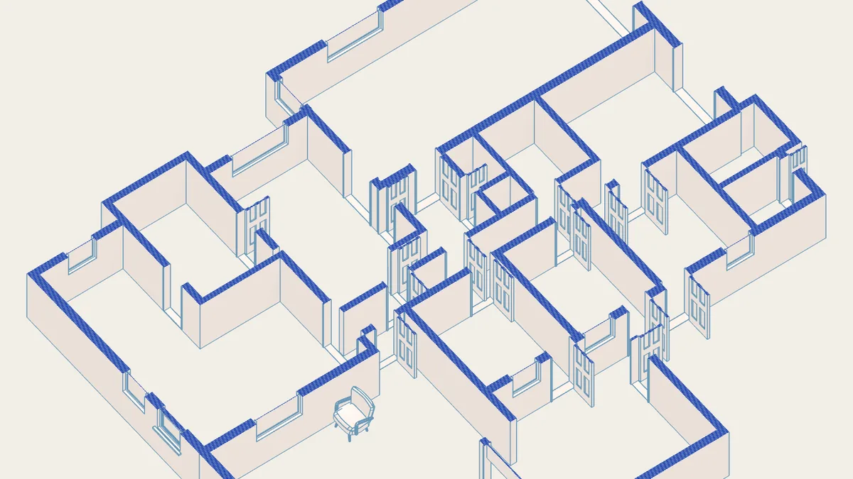 3D house layout in Arcadium showing the walls, doors and windows reconstructed from the source floor plan