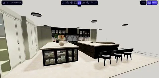 The completed kitchen can be inspected from an eye-level perspective.